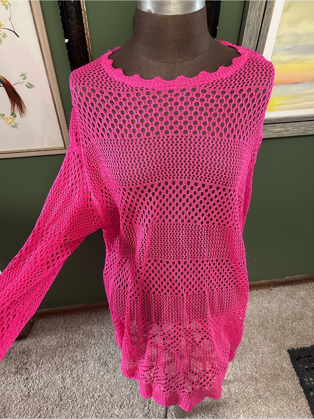 Bright Hot Pink Crochet Sweater Swim cover up